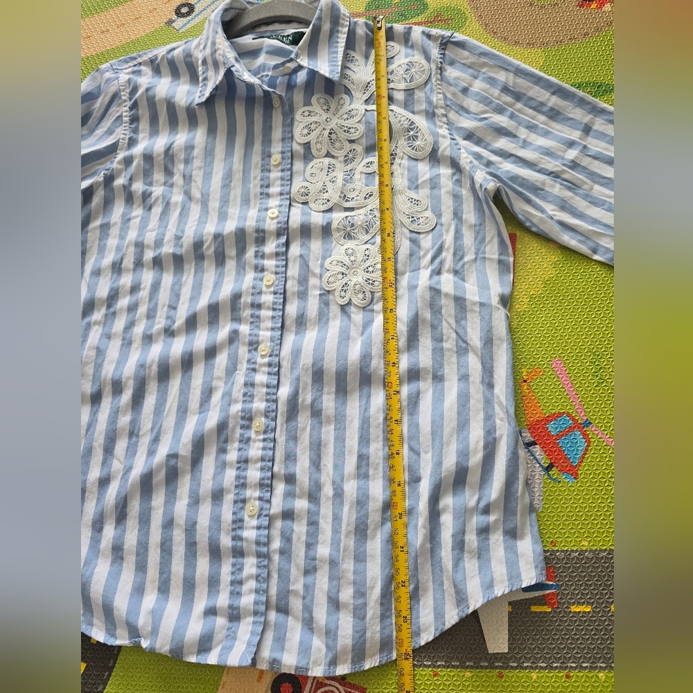 Lauren Blue and White Striped Shirt with Lace Detail Size MP - Picture 11 of 16